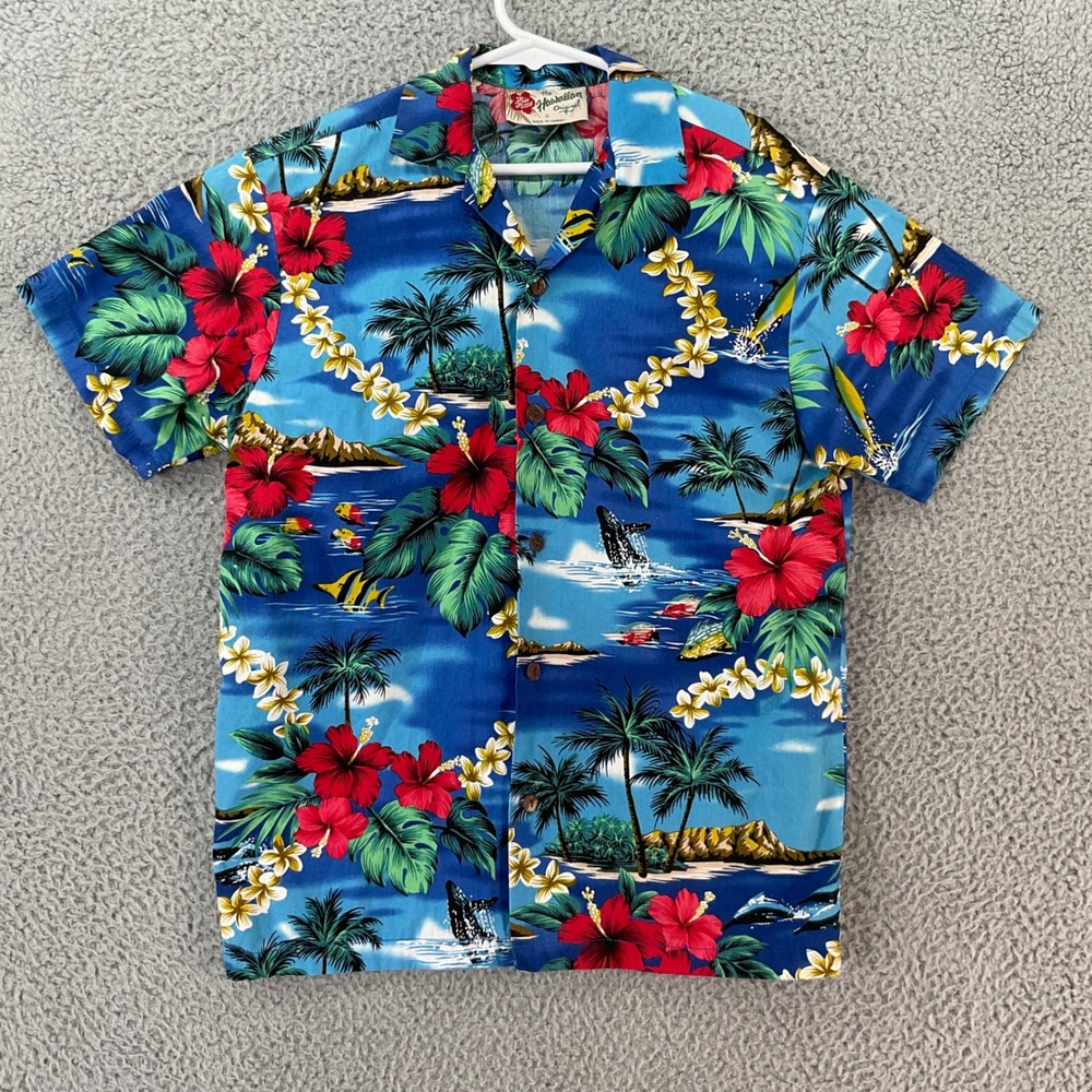 Hilo Hattie Hawaiian Shirt Kids  M Blue Tropical Floral Tropical Cotton Aloha